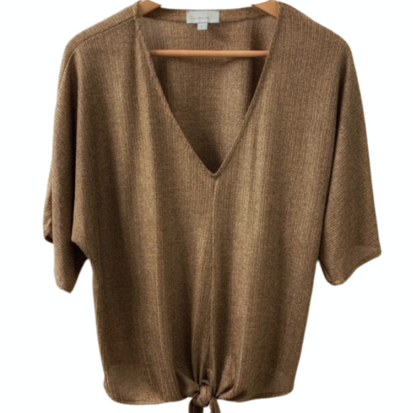 Veronica M Tops - Veronica M Metallic Gold V-Neck Top, Tie, Size: M